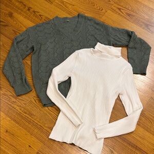 Madison Cream turtle neck and Green pullover v neck sweater